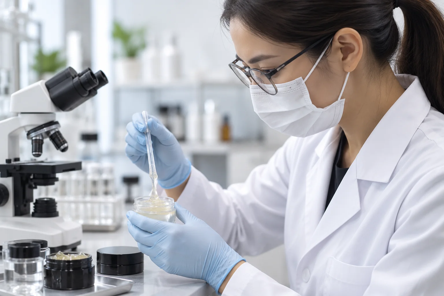 A scientist wearing a face mask, gloves, and lab coat using a dropper with a sample while sitting beside a microscope in a laboratory.